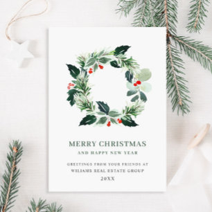 Festive Holly Wreath Christmas Corporate Greeting Holiday Card