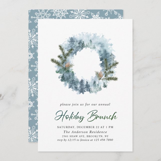 Festive Holly Wreath Christmas Holiday Brunch Invitation (Front/Back)