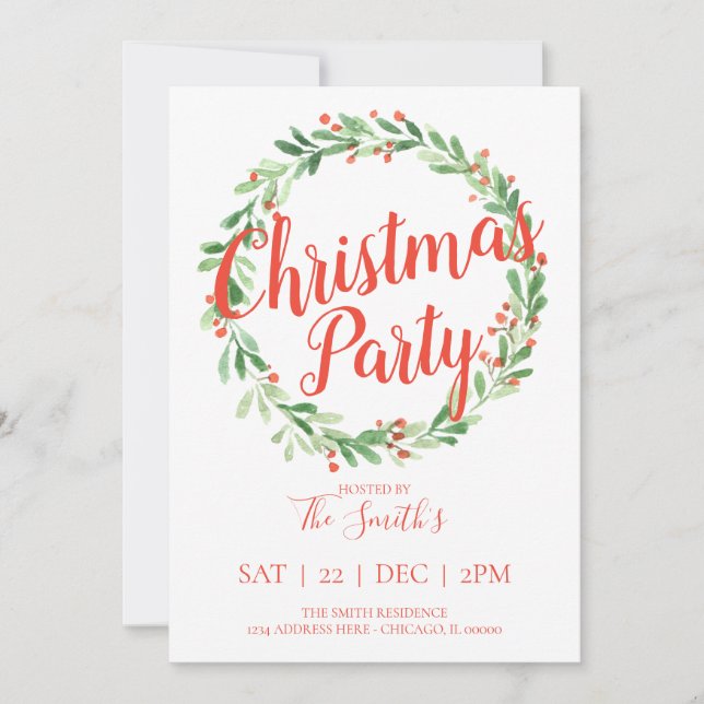Festive Holly Wreath Christmas Party Invite (Front)