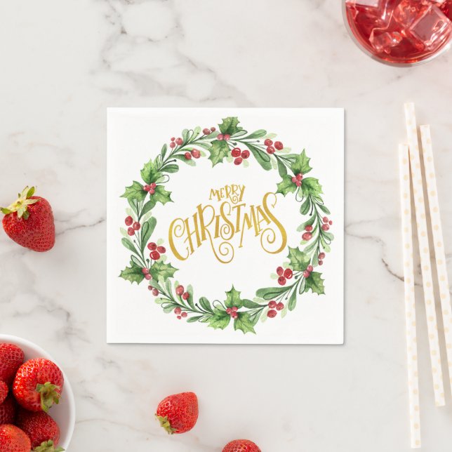 Festive Holly Wreath - Gold Foil Merry Christmas   Napkin (Insitu)