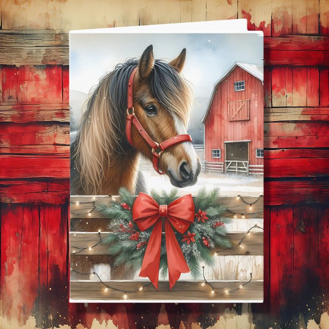 Festive Horse and Red Rustic Barn Christmas Card (Creator Uploaded)