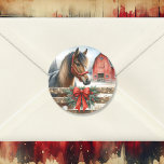 Festive Horse and Red Rustic Barn Christmas Classic Round Sticker<br><div class="desc">Christmas stickers. A pretty brown horse standing in front of a red rustic barn behind a fence with Christmas lights and a red bow.</div>