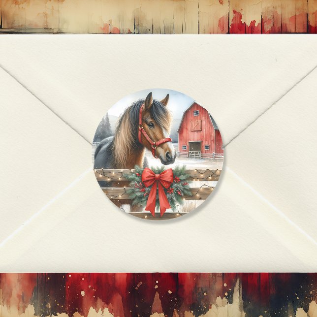 Festive Horse and Red Rustic Barn Christmas Classic Round Sticker (Creator Uploaded)