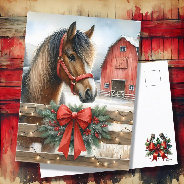 Festive Horse and Red Rustic Barn Christmas Holiday Postcard (Creator Uploaded)
