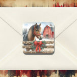Festive Horse and Red Rustic Barn Christmas Square Sticker<br><div class="desc">Christmas stickers. A pretty brown horse standing in front of a red rustic barn behind a fence with Christmas lights and a red bow.</div>