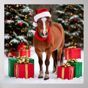 Festive Horse in Santa Hat Poster