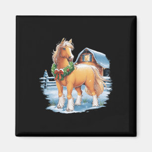 Festive Horse With Wreath In Snowy Rnyard Scene  Magnet