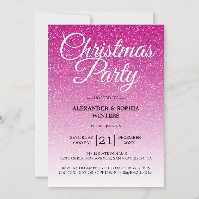 Festive Hot Pink Glitter Ombre Christmas Party Invitation (Front)