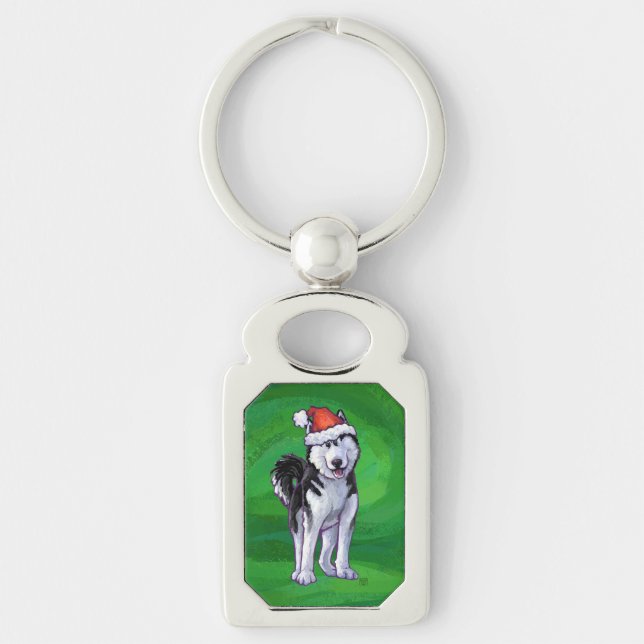Festive Husky in Santa Hat on Green Key Ring (Front)