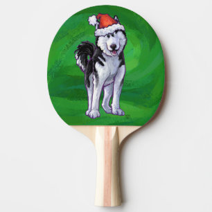 Festive Husky in Santa Hat on Green Ping Pong Paddle