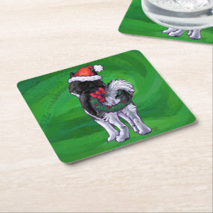 Festive Husky in Santa Hat on Green Square Paper Coaster