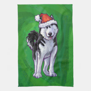 Festive Husky in Santa Hat on Green Tea Towel