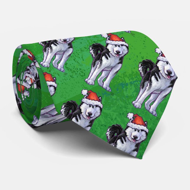 Festive Husky in Santa Hat on Green Tie (Rolled)