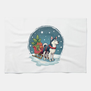 Festive Husky Ride Tea Towel