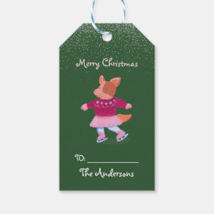 Festive Ice Skating Corgi Green Christmas Gift Tags