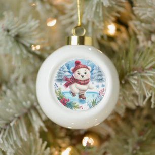 Festive Ice skating polar bear Ceramic Ball Christmas Ornament