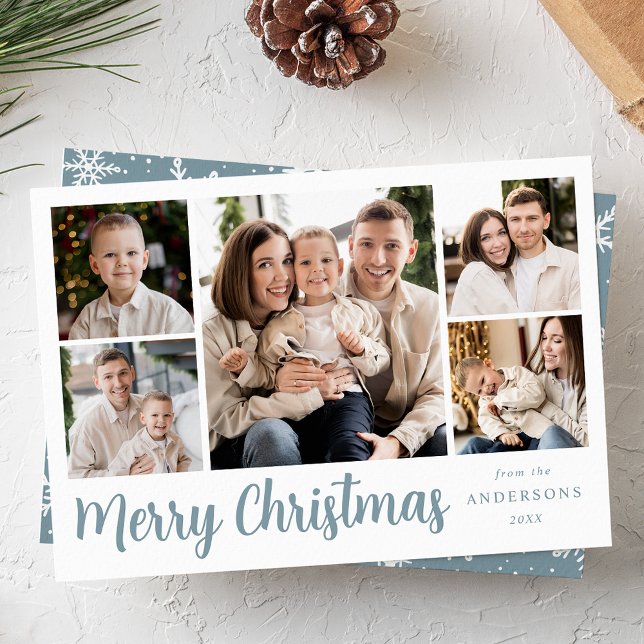 Festive Icy Blue Script 5 Photo Collage Holiday Card (Creator Uploaded)