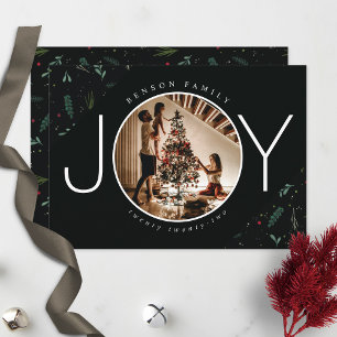 Festive JOY Christmas Leaves Berries Photo Holiday Card