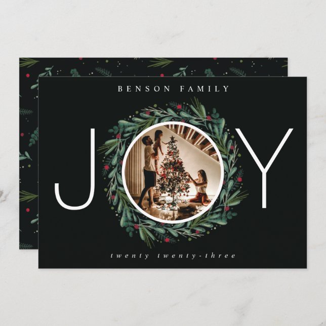 Festive JOY Christmas Wreath Leaves Berries Photo Holiday Card (Front/Back)