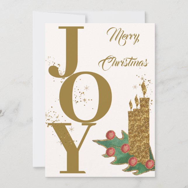Festive Joy Gold Green Red Berries Merry Christmas Holiday Card (Front)