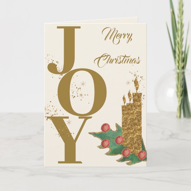 Festive Joy Gold Green Red Berries Merry Christmas Holiday Card (Front)