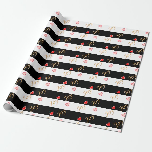 Festive Joy Heart Pattern on Striped Black & White Wrapping Paper (Unrolled)