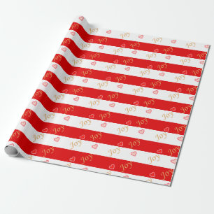 Festive Joy Heart Pattern on Striped Red and White Wrapping Paper