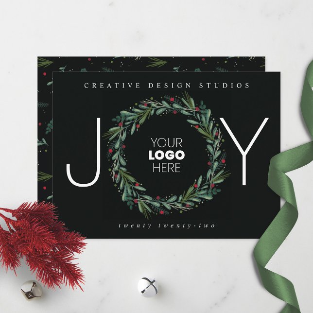Festive JOY Wreath Leaves Berries Business Holiday Card (Creator Uploaded)