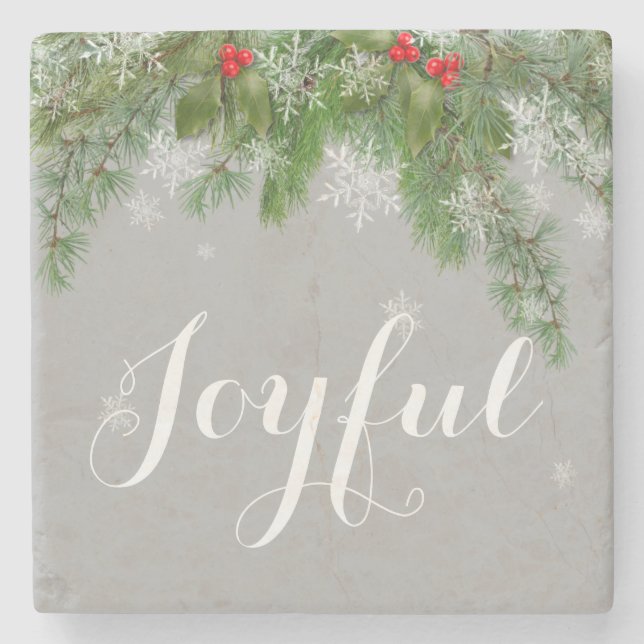 Festive Joyful Snowflakes Pine Holly Stone Coaster (Front)