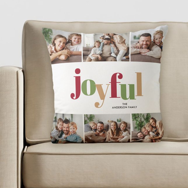 Festive Joyful Typography Multi Photo Christmas Cushion (Creator Uploaded)