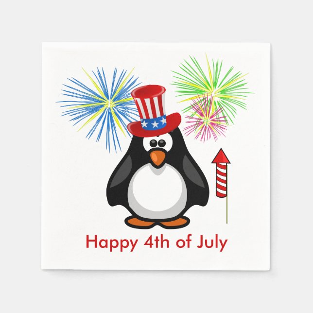 Festive July 4th Patriotic Fireworks Penguin Stars Napkin (Front)