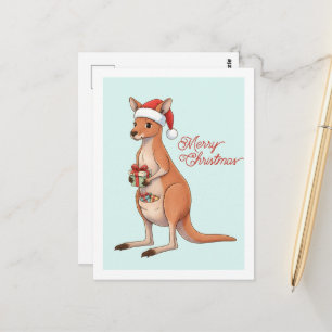 Festive Kangaroo With Santa Hat Christmas Holidays Postcard