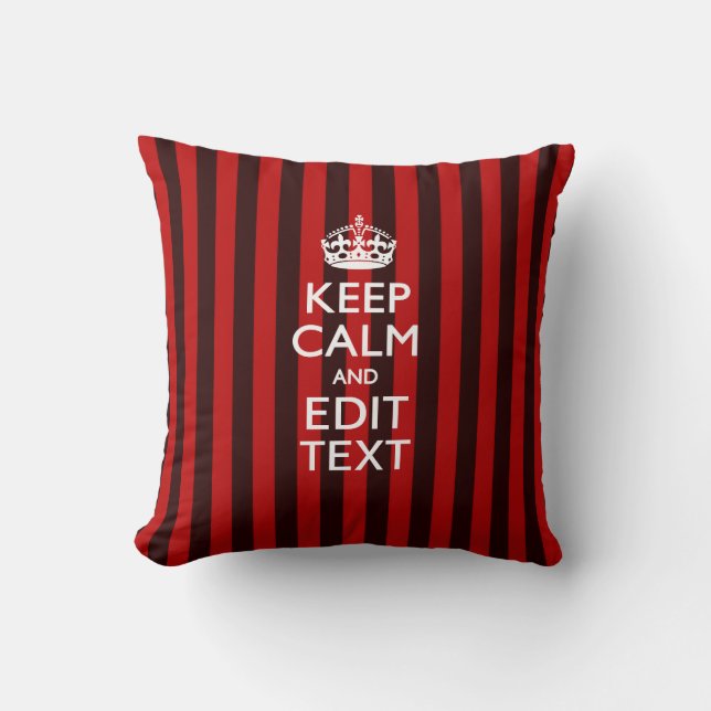 Festive Keep Calm Your Text on Red Stripes Cushion (Front)