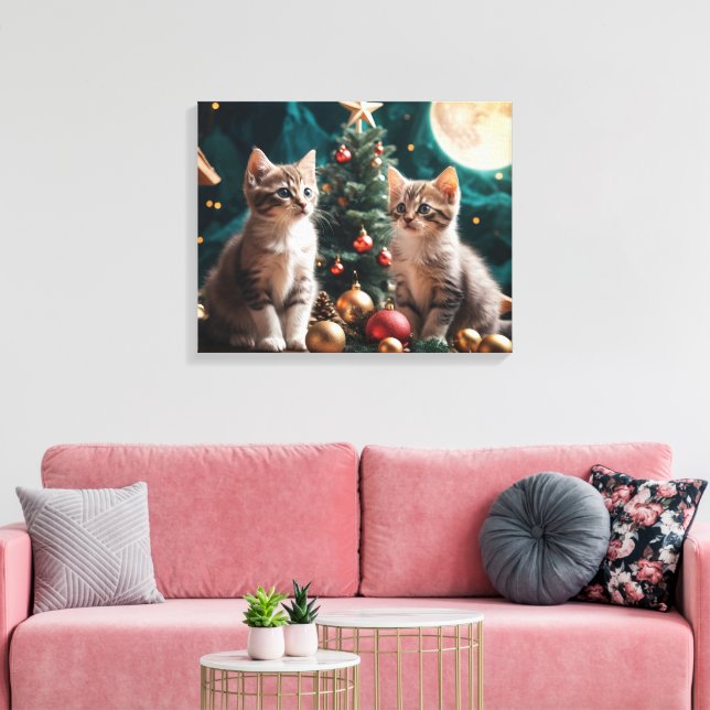 Festive Kittens by Christmas Tree Under Full Moon  Canvas Print (Insitu(LivingRoom))