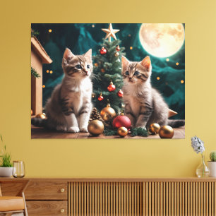 Festive Kittens by Christmas Tree Under Full Moon Canvas Print