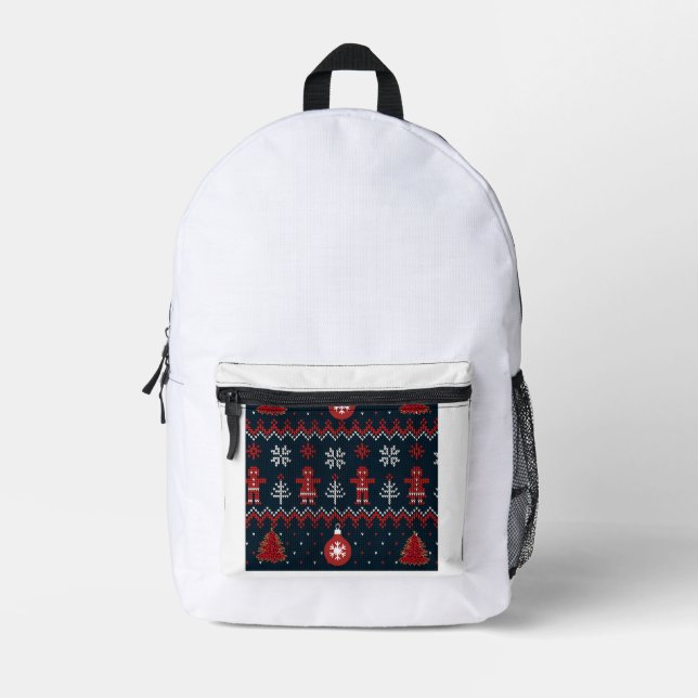 Festive knitted gingerbread snowflake pattern  printed backpack (Front)