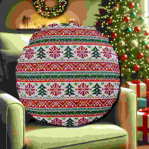 Festive Knitted-Pattern with Stars Round Cushion