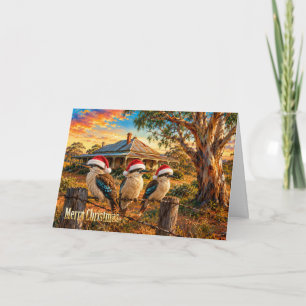 Festive Kookaburras at Sunset on Barbed Wire Fence Holiday Card