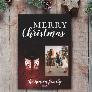 Festive Lantern in Dark Christmas Family Photo Holiday Card