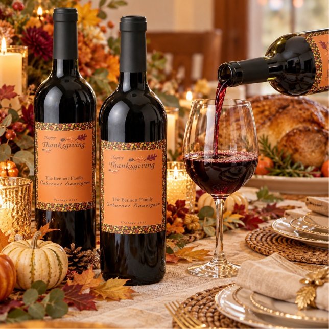 Festive Leaf Pattern Thanksgiving Navy & Gold Wine Label (Creator Uploaded)