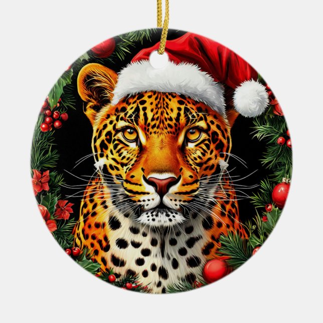 Festive Leopard Wearing Santa Hat Ceramic Tree Decoration (Front)