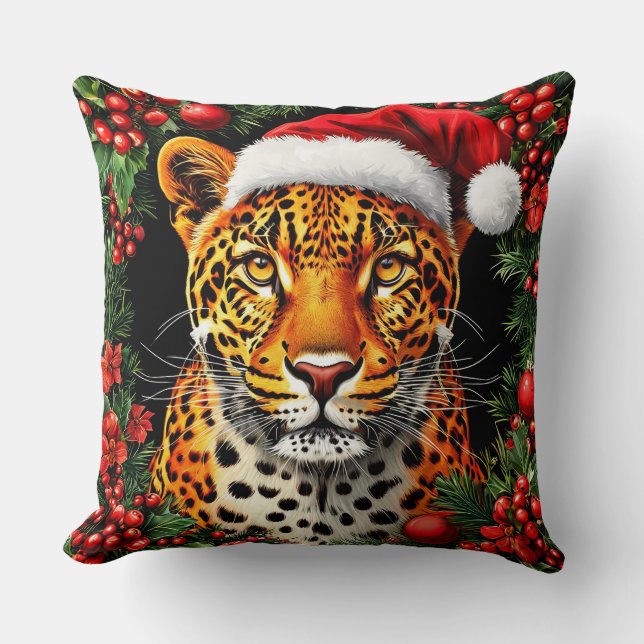 Festive Leopard Wearing Santa Hat Cushion (Front)