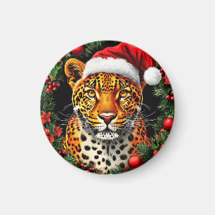Festive Leopard Wearing Santa Hat Magnet