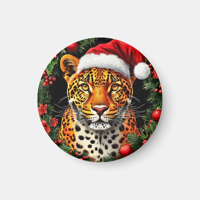Festive Leopard Wearing Santa Hat Magnet (Front)