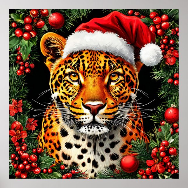 Festive Leopard Wearing Santa Hat Poster (Front)