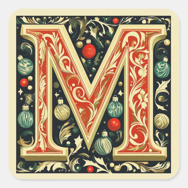 Festive Letter M: Gold, Red, Green, and Cream Square Sticker (Front)