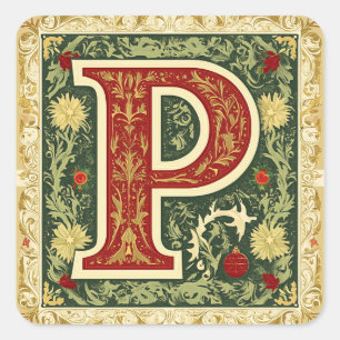 Festive Letter P: Red, Green, Cream, and Gold Square Sticker