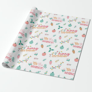 Festive Lettering with Ornaments and Branches Wrapping Paper