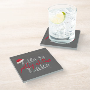 festive LIFE IS JOLLY AT THE LAKE Glass Coaster