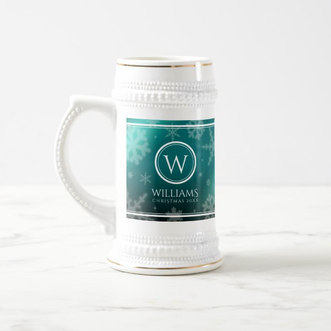 Festive Light Blue Foil Snowflakes Monogram Name Beer Stein (Left)